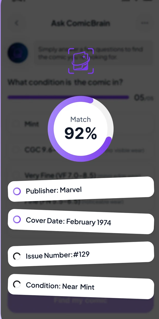 Ask ComicBrain screen narrowing down an issue by publisher, cover date and condition