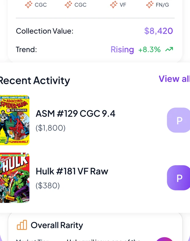 ComicBrain collection screen showing collection value, trend and recent activity