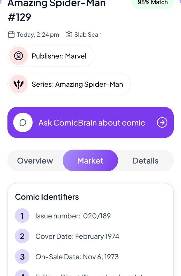 ComicBrain issue screen showing publisher, series and the Ask ComicBrain shortcut