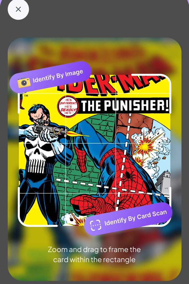 ComicBrain scan screen framing a comic cover inside the capture rectangle